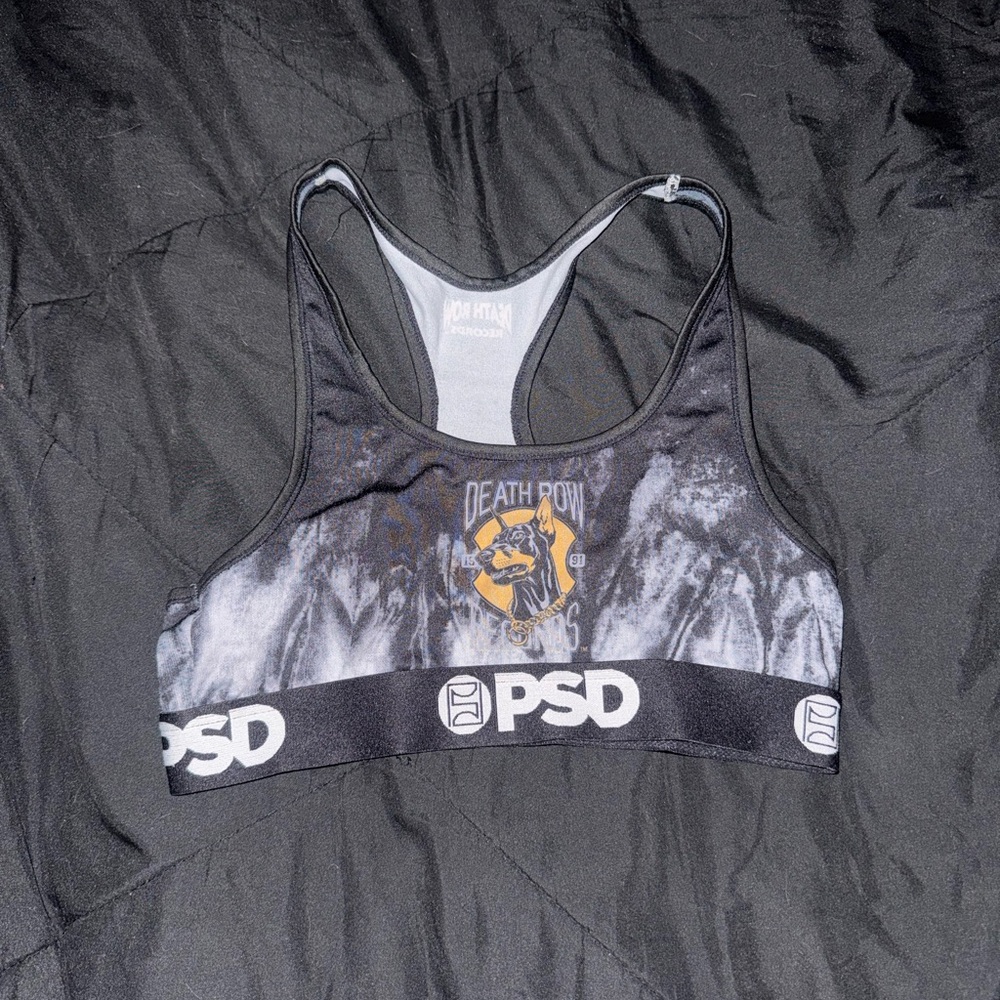 PSD Women’s Black and Gray Tie-Dye Sports Swim Bikini Top with Yellow Graphic